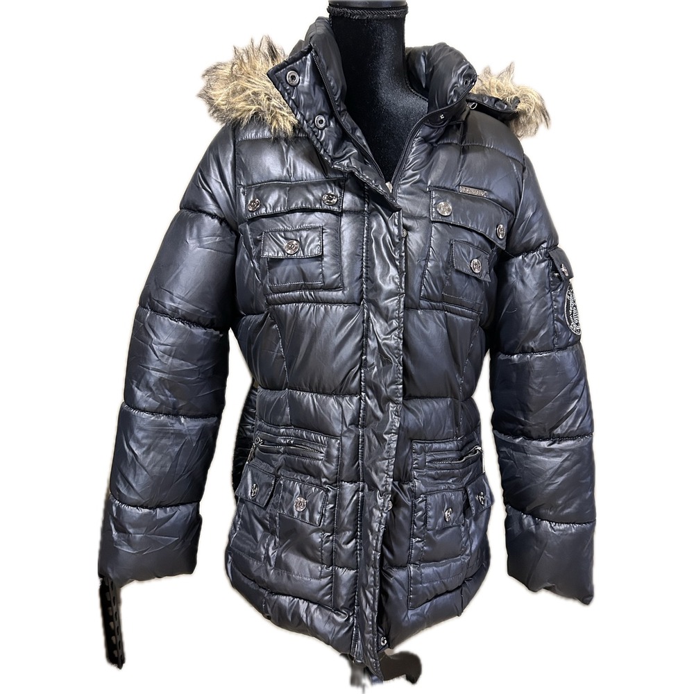 Rocawear Classic Womens L Black Puffer Jacket Faux Fur Hood Y2K Logo Rhinestone